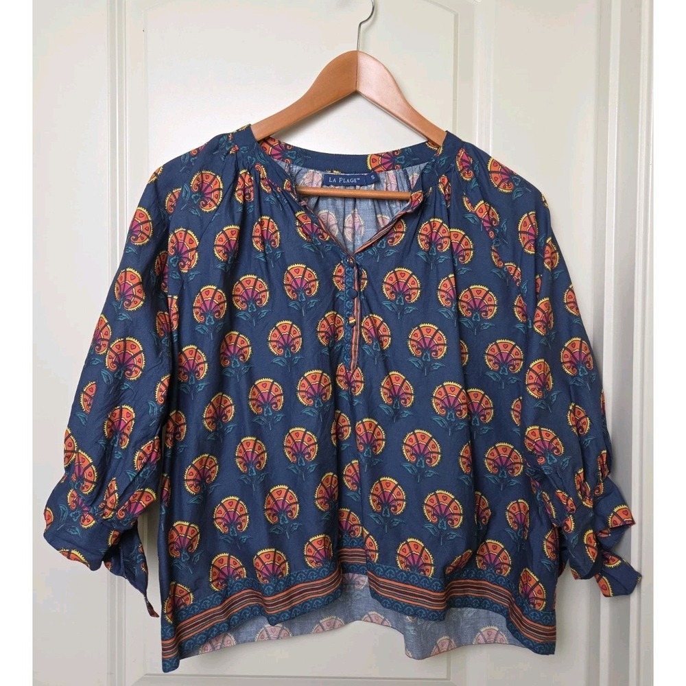 La Plage Women's Top Block Print Blouse Bow Sleeves Coastal Cotton Blue Sz S
